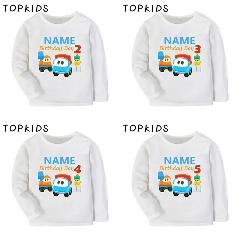 1 2 3 4 5 6 7 8 9 Years Birthday Boys T shirt Leo The Truck Cartoon Customize Name Kids T-shirts Baby Long Sleeve Clothes Gift