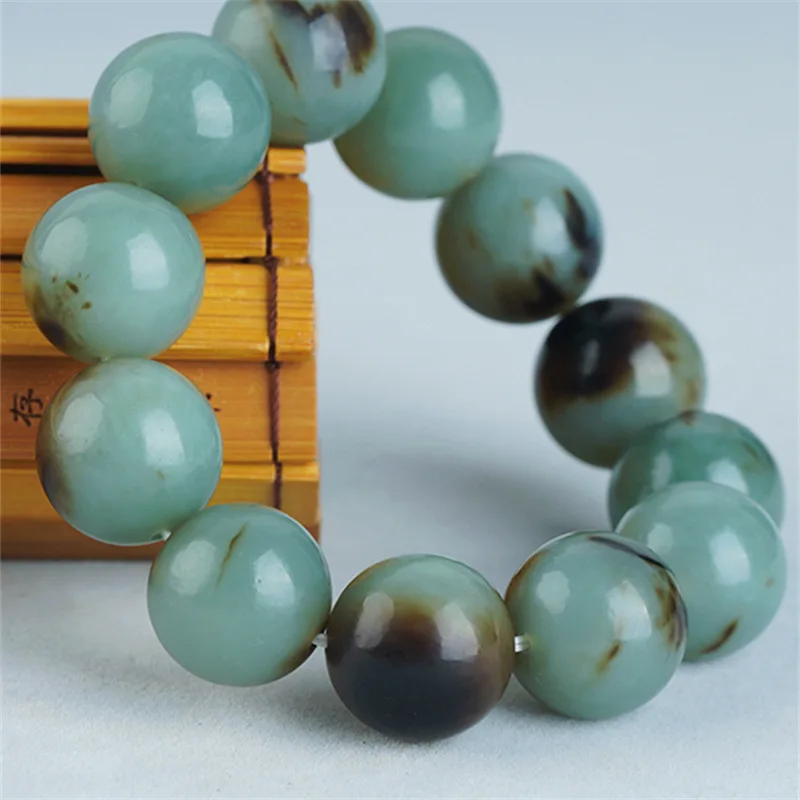 Large Size Hetian Men's Black Leather Jade Pebble Rough Stone String Beads Qiemo Blue Bracelet Genuine Go