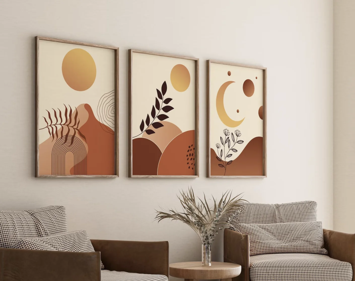 3Pcs Boho Sun Moon Canvas Prints, Terracotta Botanical Posters, Minimalist Abstract Pictures Living Room Bedroom Decor