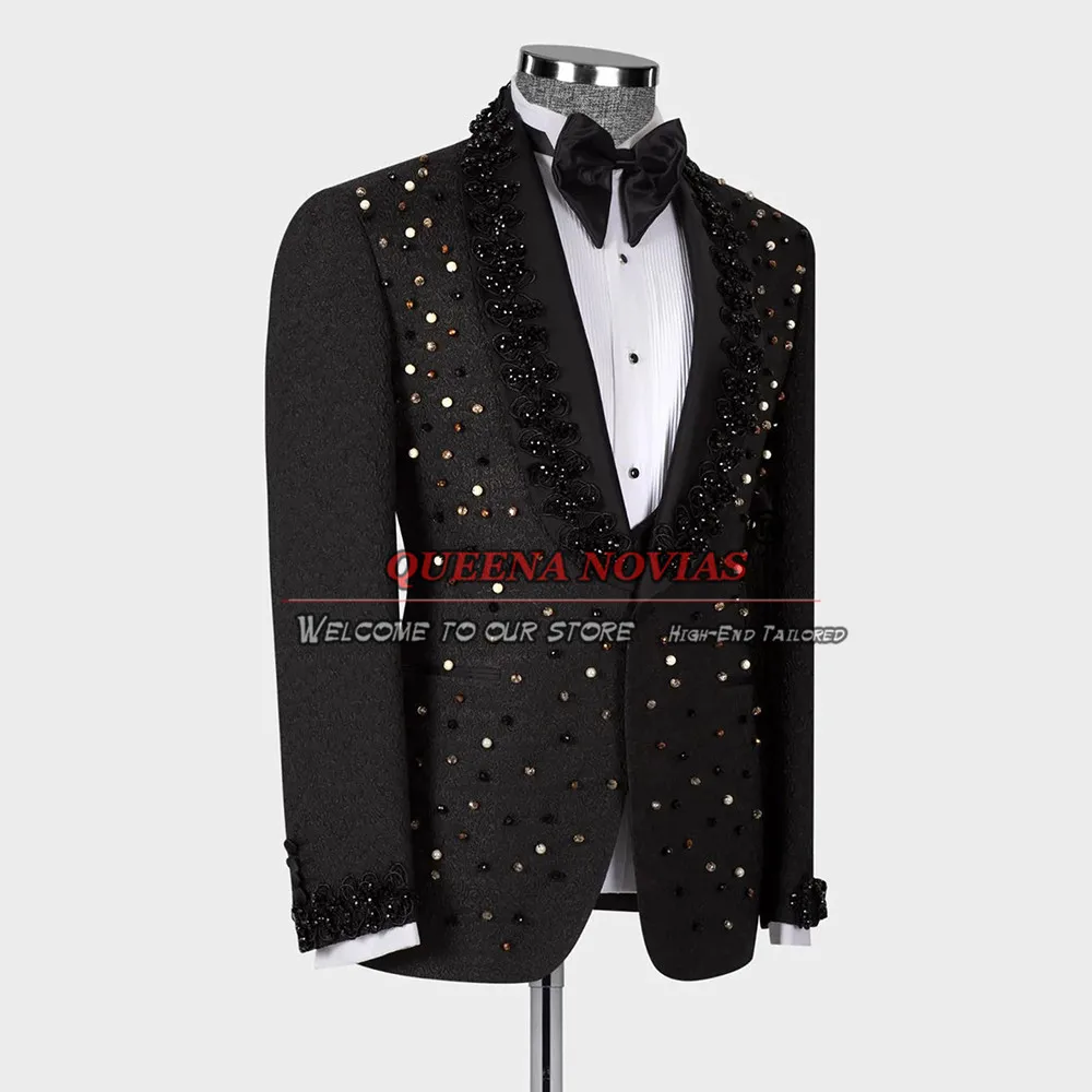 Formal Boys' Attire For Wedding Black Floral Blazer Pants 2 Pieces Children Birthday Party Clothing Colorful Stone Beads Jacket