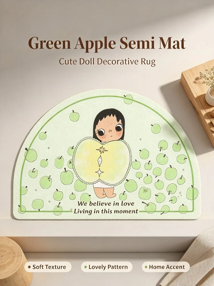 **Green Apple Doll Semi Circle Bath Mat, Cute Cartoon Area Rug, Soft Non Slip Floor Carpet with Inspirational Words for Bathroom