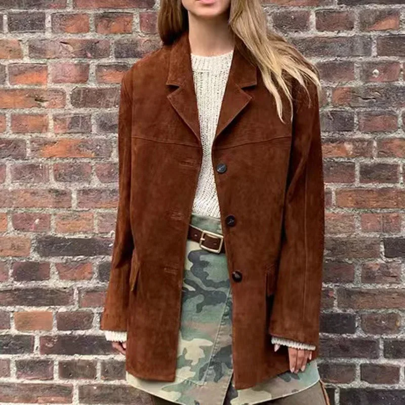 Retro Brown Kid Suede Jacket for Women 2025 New High Sense Loose Oversized Leather Suit Blazer Female Casual Coat Streetwear