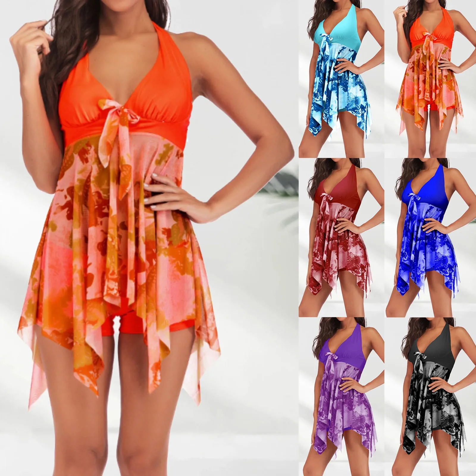 Women Floral Print Bandage Swimwear Swimsuit Bikini With Cover Up Dress Swim Bathing Suit Beach Wear