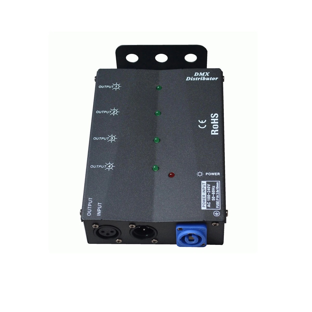 4 Way Hanging Splitter Distributor with Separate DMX Booster DMX512/1990 Signal Data 1 Input 4 Output Side Installed Powercon In