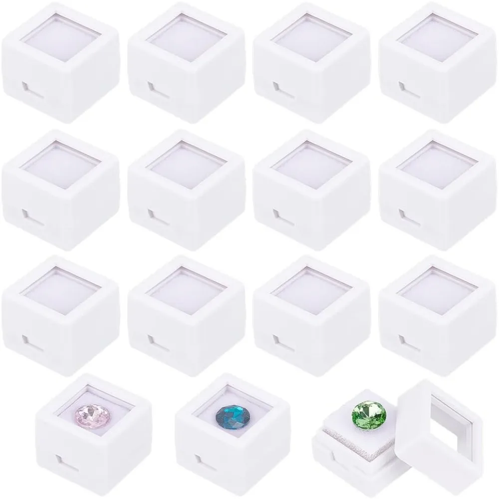 36 Pack Gemstone Display Box White Acrylic Diamond Display Case Jewelry Box Container with Clear Lids, White Sponge 0.8x0.6