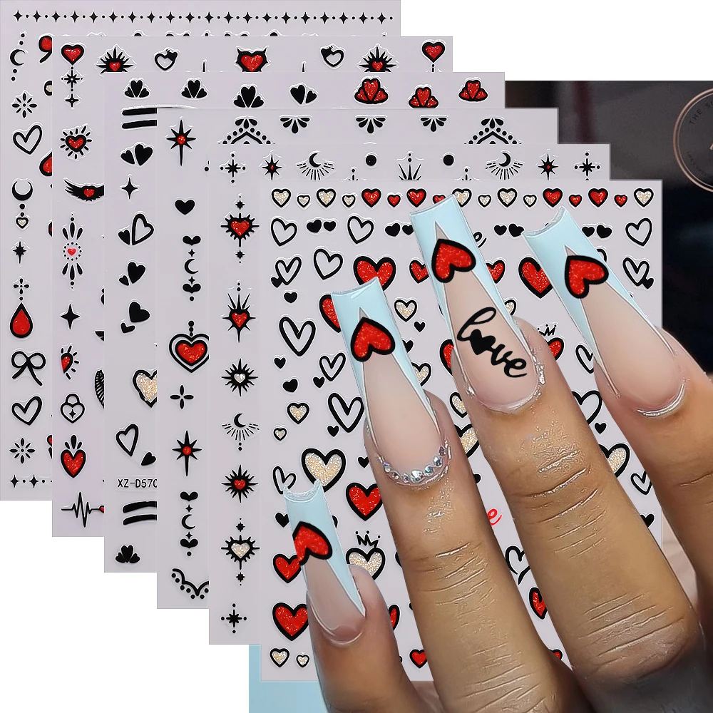 

6pcs/set 3D Black Red Glitter Love Heart Nail Art Stickers Valentine's Day Heart Bow Cross Nail Slider Y2K DIY Manicure Supplies