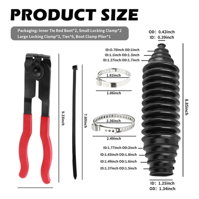 A23T Tie Rod Boot Kit for Car Steering Rack, Inner Rack and Pinion Boot Replacement, Silicone, Includes Clamps & Pliers,