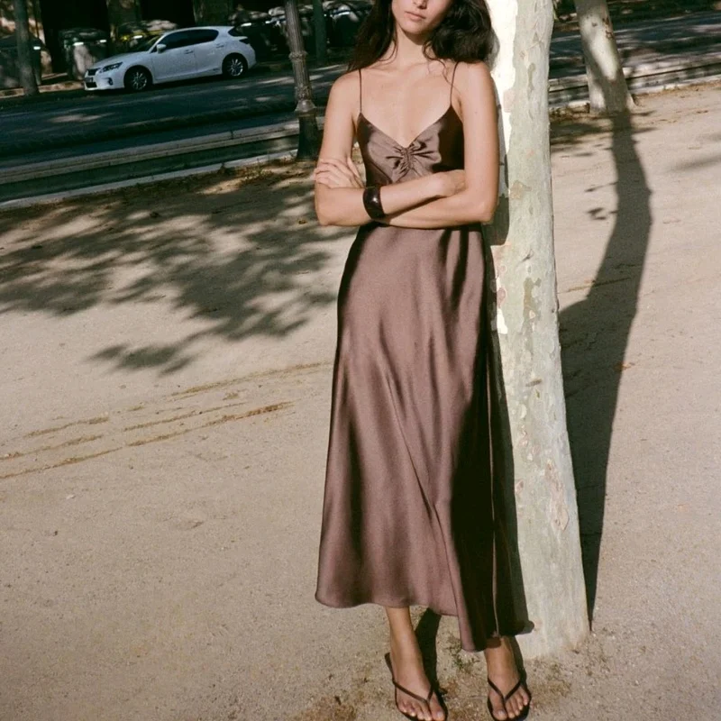 Outono nova chegada feminina scela v-ne midi dr seda cetim textura saia plissada casual sle fibra de poliéster