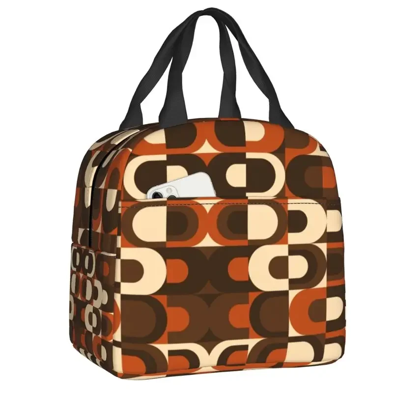 70s Pattern Inustrial In Orange And Dark Brown Insulated Lunch Bags for Modern Geometric Cooler Thermal Food Lunch Box Work