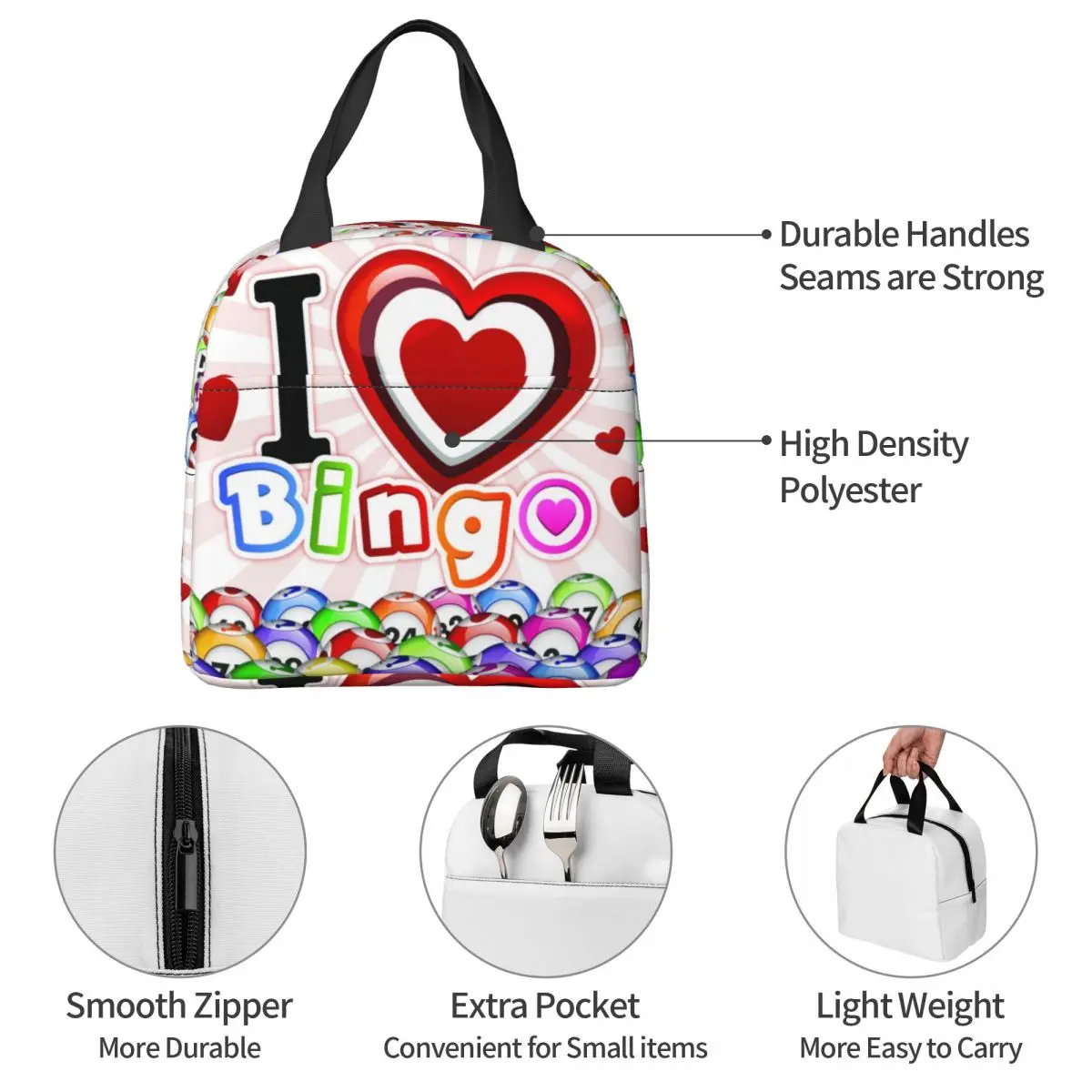 Game I Love Bingo Insulated Lunch Bags Cooler Bag Lunch Container Portable Tote Lunch Box Food Handbags Beach Picnic