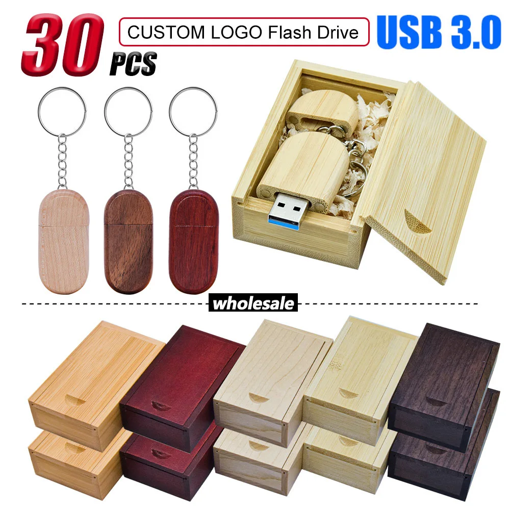 30pcs/Lot Free logo High speed USB Flash Drive 3.0 Wooden box with metal chain Pendrive 8GB 16GB 32GB 64GB 128GB Pen drive Gifts