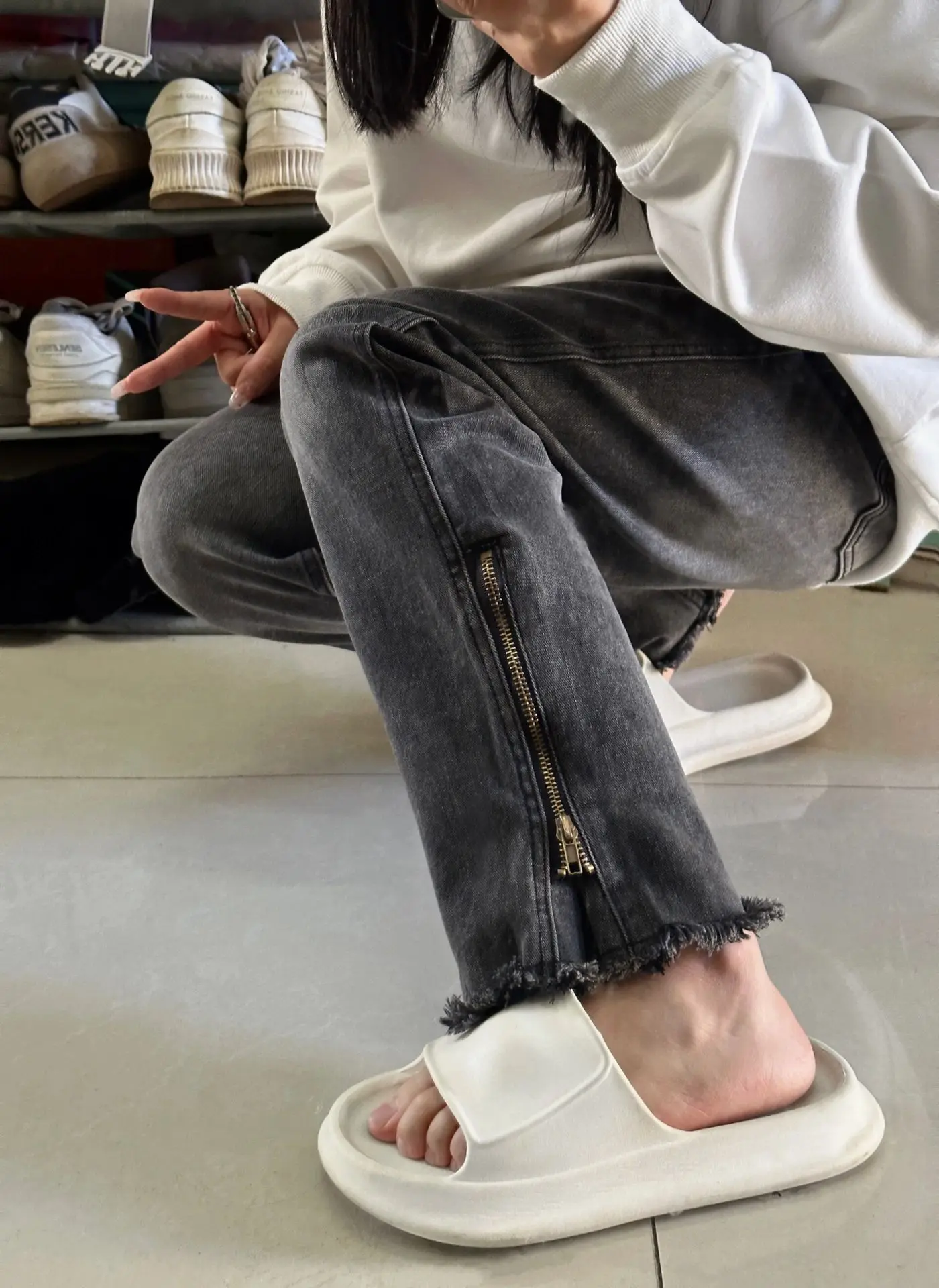 ارتفاع الخصر فضفاض صالح سستة الدينيم الجينز المرأة الخريف حجم كبير مستقيم الساق الطابق طول السراويل الهيب هوب شق تصميم #4