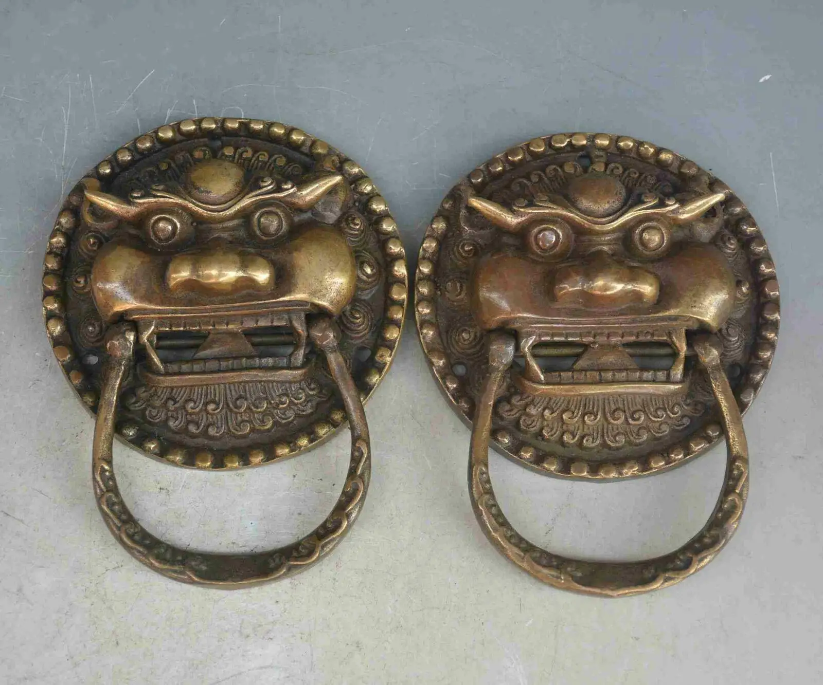 النحاس الصيني فنغ شوي فو فو الكلب الحرس الأسد رئيس مطرقة الباب الدائري زوج خمر ديكور المنزل #4