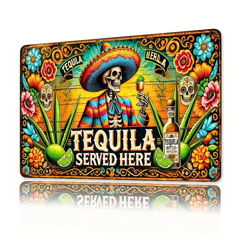 Letrero de metal Tequila Served Here de inspiración vintage, esqueleto vibrante con diseño de Sombrero, perfecto para bares, cocinas y descanso en el hogar