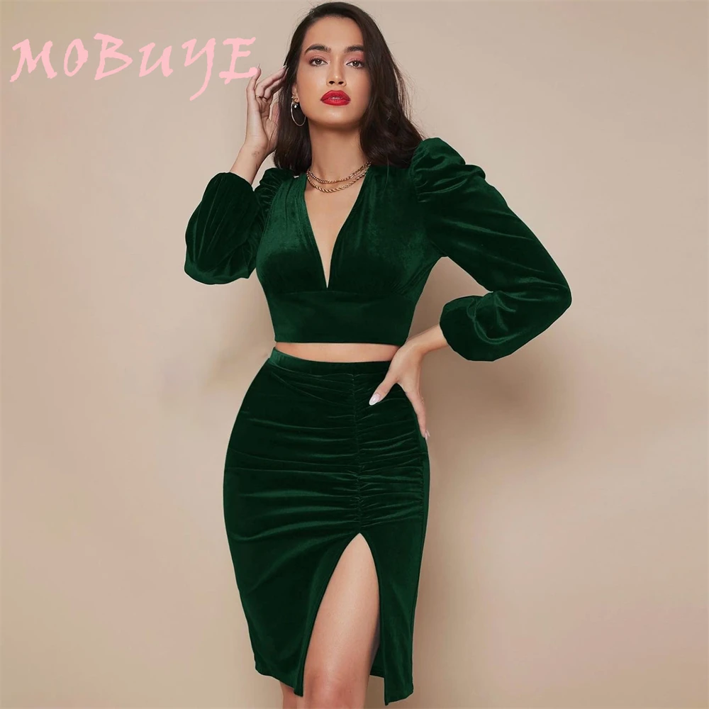 MOBUYE 2024 Popular V Neckline Prom Dress Short-Length With Long Sleeves Evening Fashion Elegant Party Dress For Women