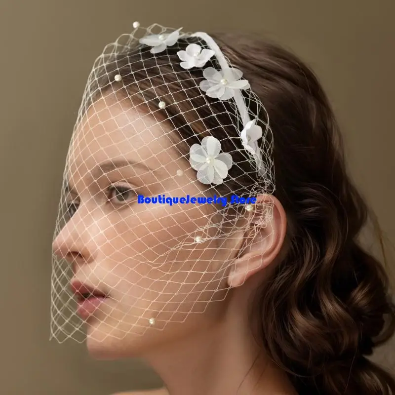 E1PE Delicate Faux Pearls Flower Bridal Veil Headpiece with Mesh Design for Wedding Church Chapel Veil Photography Accessories