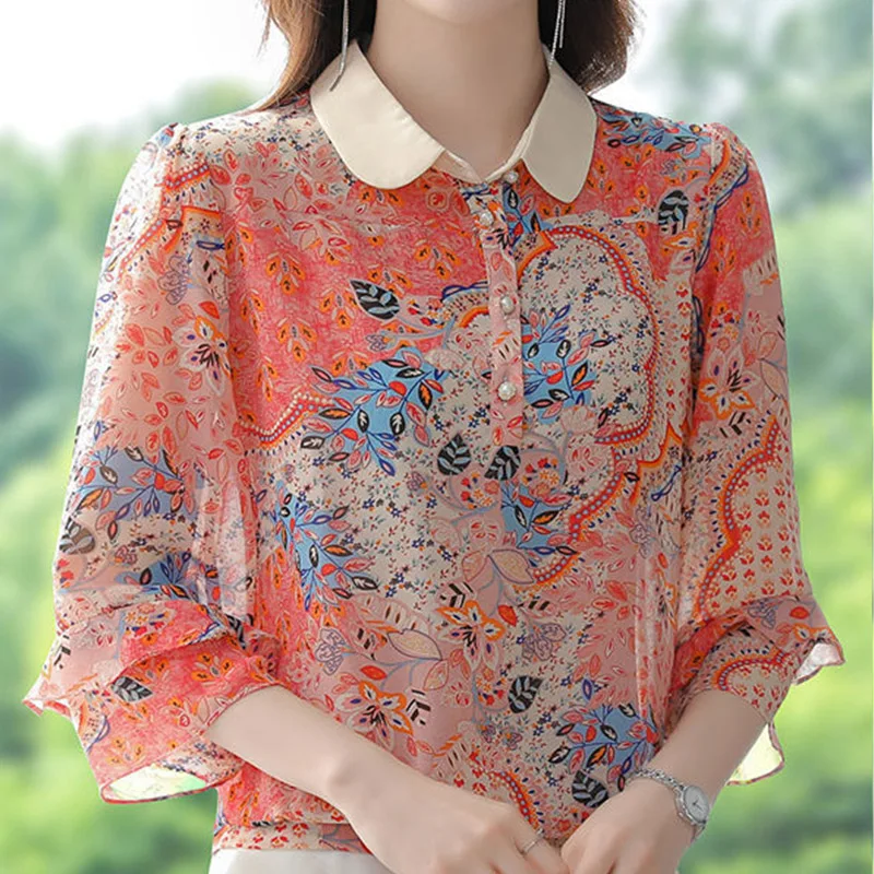 Elegant Fashion Printed Ruffles Chiffon Shirt Spring Summer Polo-Neck Female Clothing Three Quarter Sleeve Casual Loose Blouse