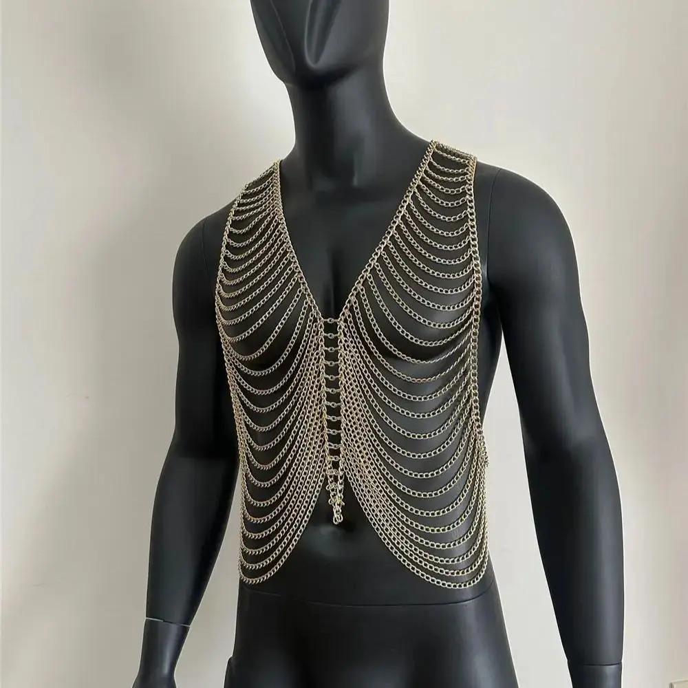 Nieuwe metalen ketting Fringe Body Chain herenvest Stijlvol en sexy meerlaagse borstketting Top Nachtclub Party Outfit