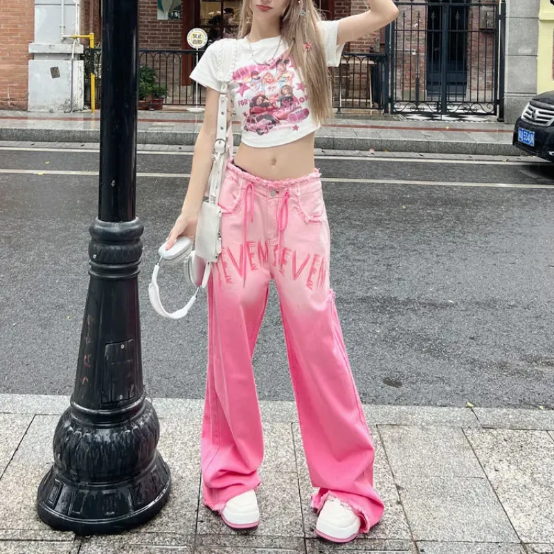 

Loosefit Wide Leg Women's Jeans Pink Z Xxl Retro Fashion Trousers Casual Wholesale Top Selling Stretched Cowboy Pants for Woman