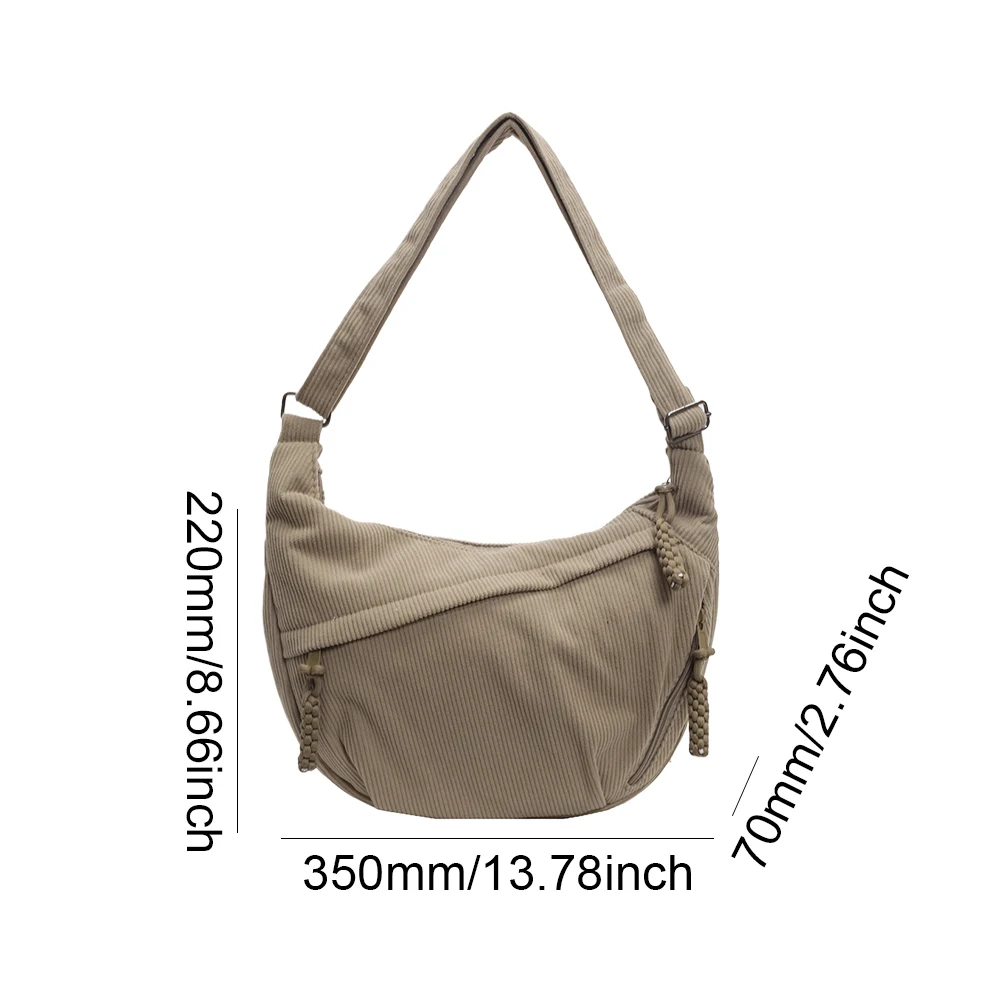 Corduroy Halve Maan Tas Effen Kleur Vrouwen Crossbody Tas Rits Handtas Met Zakken Alledaagse Sling Tas Voor Schoolreizen Werk