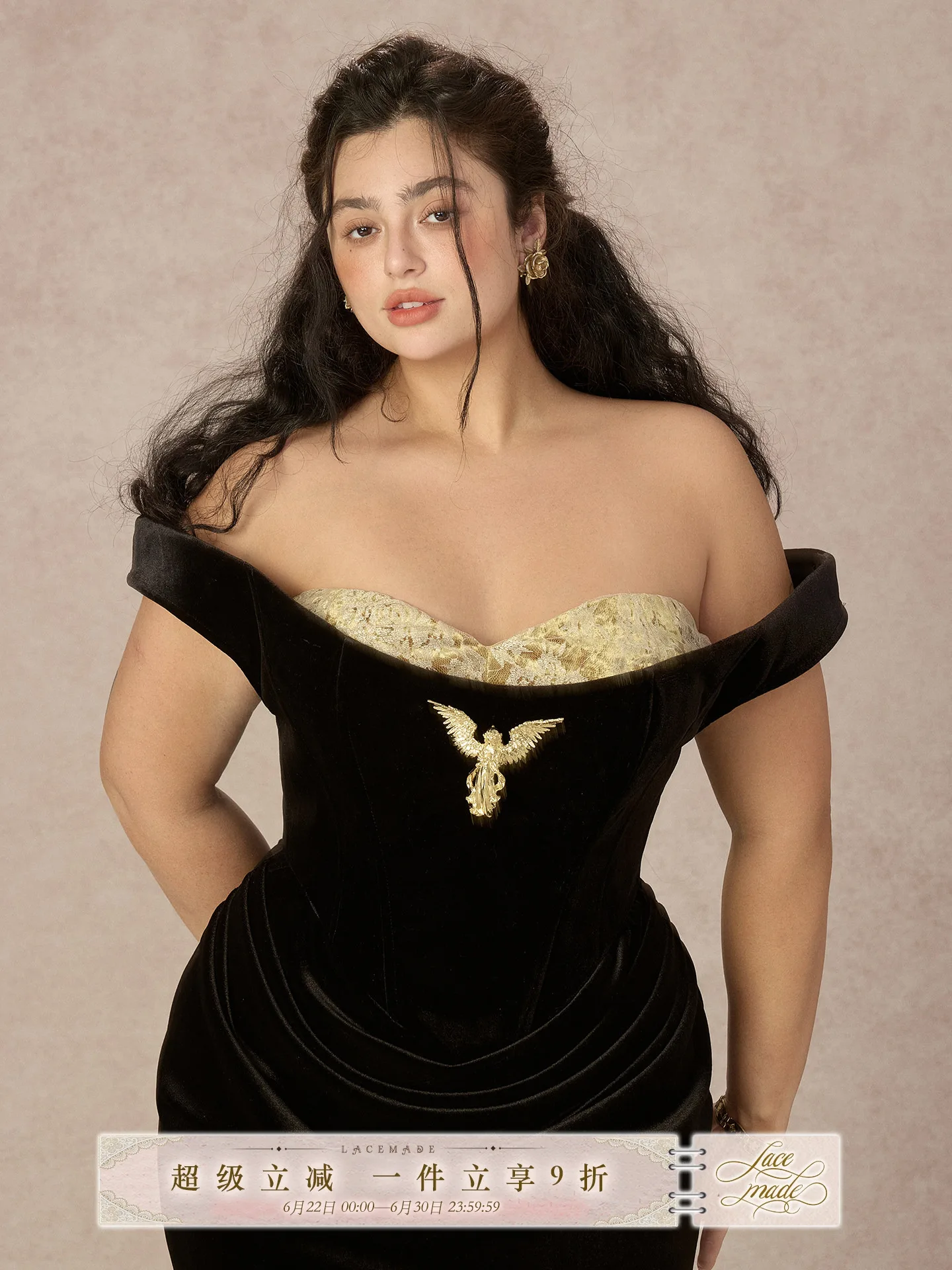 

Limited Edition Spring New Year Gold Eagle Goddess Large Size Women's Dress Black Gold Court Style Long Tail Fishbone Skirt
