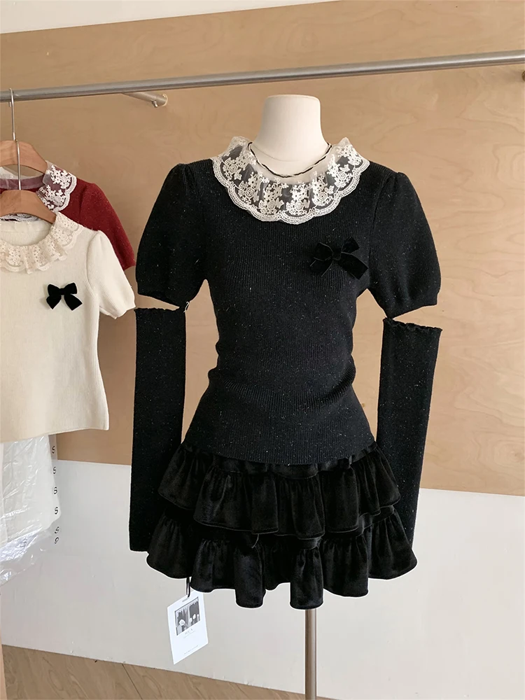 Primavera mujer moda coreana Jumper Shoujo Tops suéter foño prendas de punto de encaje 2000s estética Gyaru Coquette lindo núcleo Mori chica