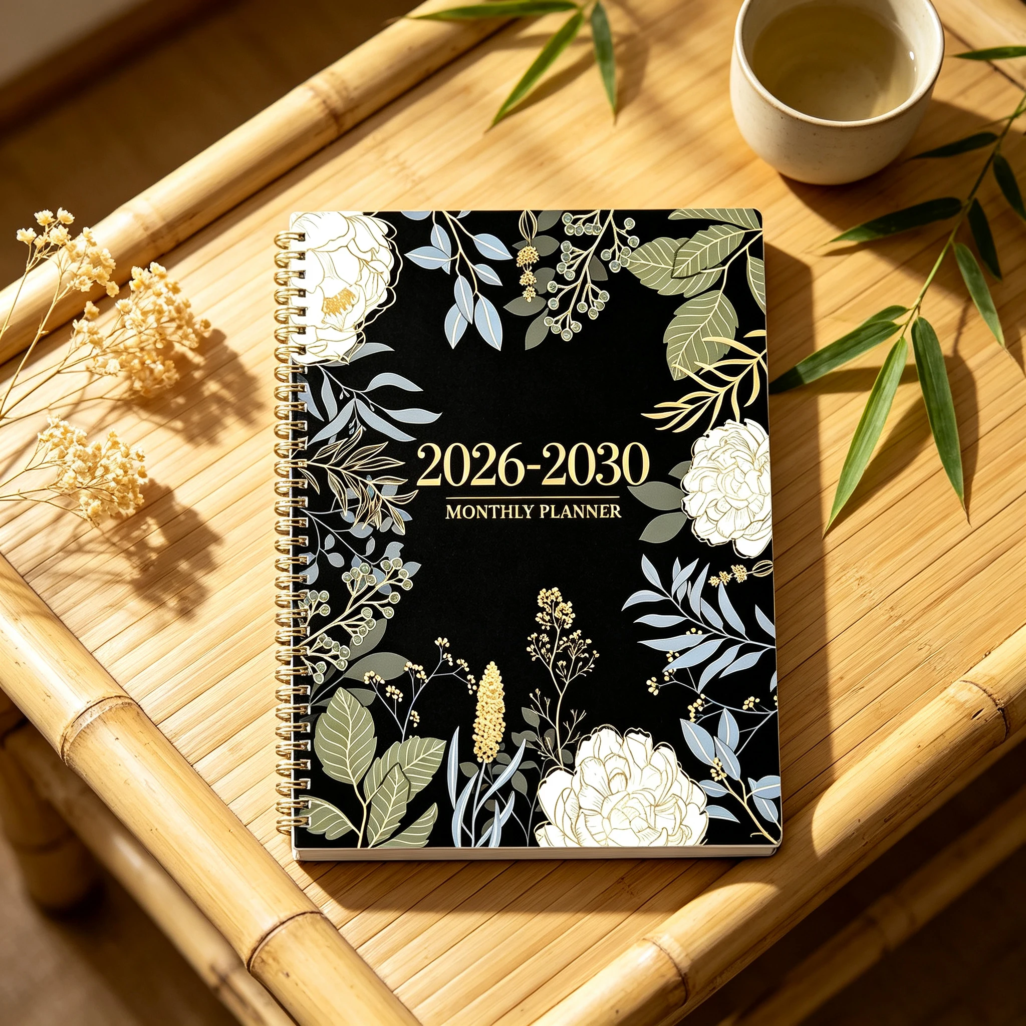 2026-2030 Black Gold Floral 5 Year Planner Spiral Notebook, Study & Budget Tracker for Students Office Women Gift