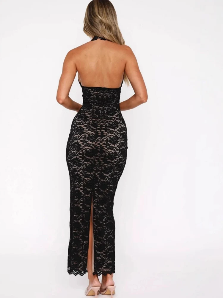 فستان Kricesseen مثير للنساء باللون الأسود برقبة رسن من الدانتيل ميدي فستان جديد للسيدات شفاف من الدانتيل مُزين بالزهور ملابس حفلات الكوكتيل #2