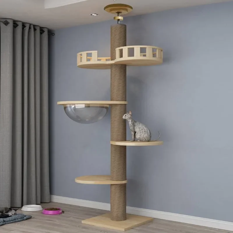 Solid Wood Cat Climbing Frame with Scratch Board and Post Durable Sturdy Cat Tree for Indoor Play and Exercise