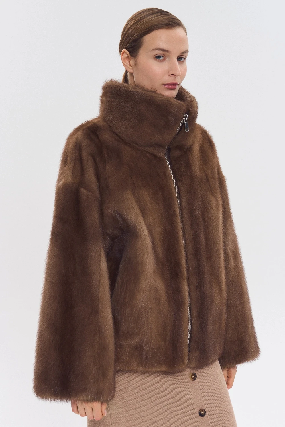 IG 2026 Women High Collar Zip Faux Mink Fur Jacket Short Loose Fit Long Sleeve Luxury Warm Winter Daily Fashion Outer Coat