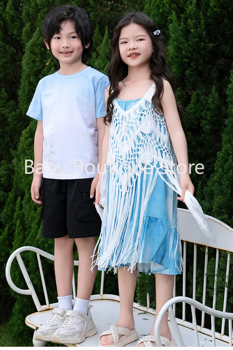 2 قطعة مجموعة شاطئ البحر عطلة ارتداء 2 قطعة مجموعة 2025 مطابقة الأسرة الملابس أمي أبي ابنة ابن الصيف هامش فستان الشاطئ