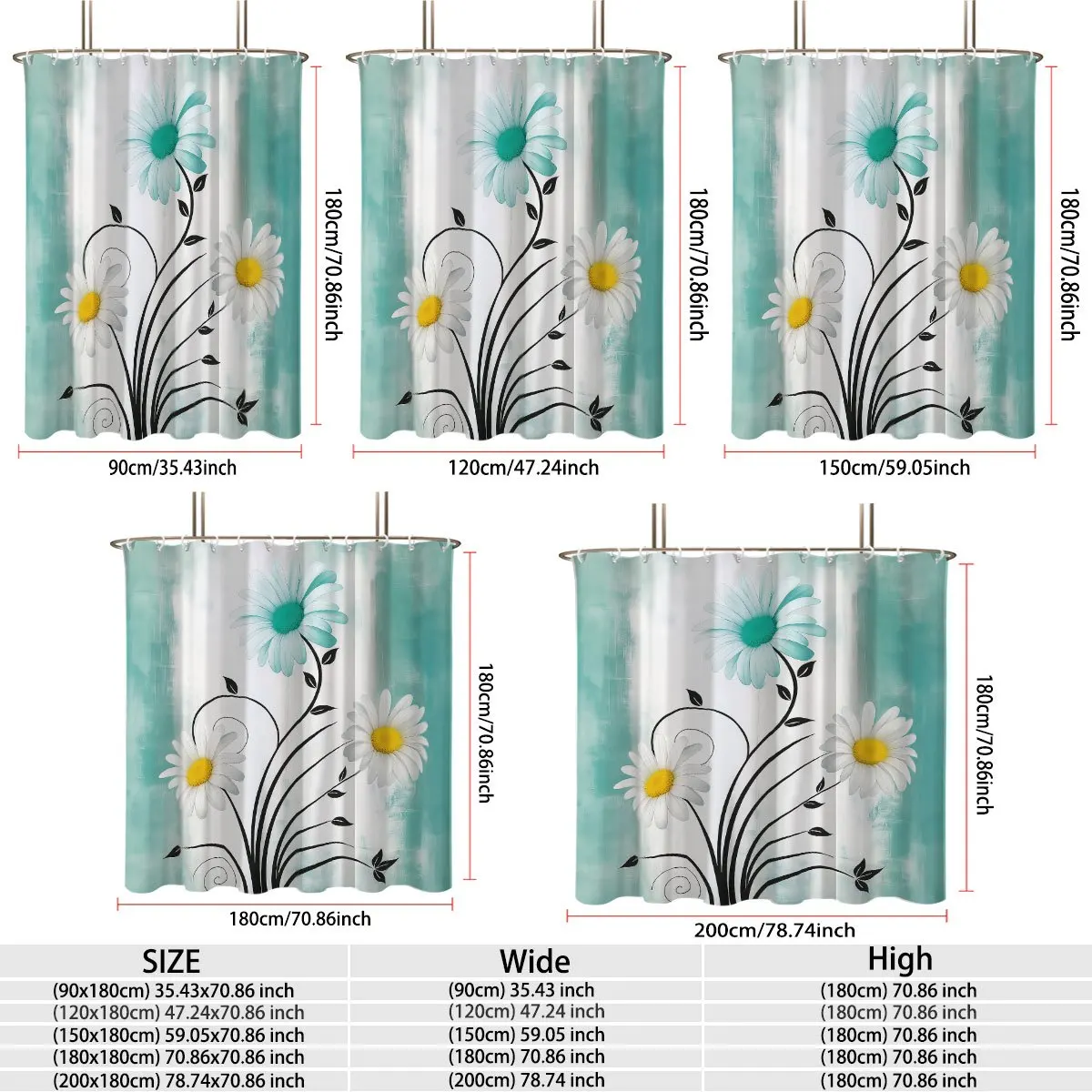 Vintage Elegant White Daisy Blooms Black Swirling Stems Leaves Teal Watercolor Backdrop Bath curtain, Cozy Soft Warm Throw