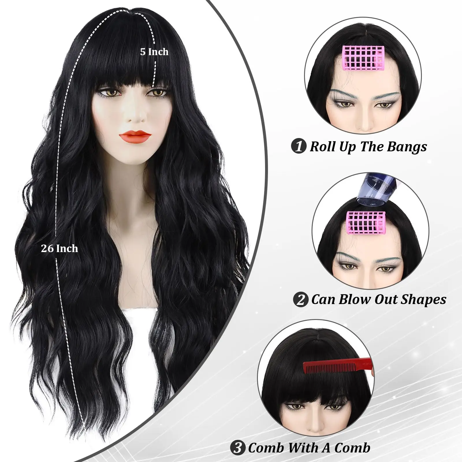New Black Synthetic Curly Wig for Party, Halloween Cosplay, Daily Use, High-Temperature Fiber Wig Set image 3