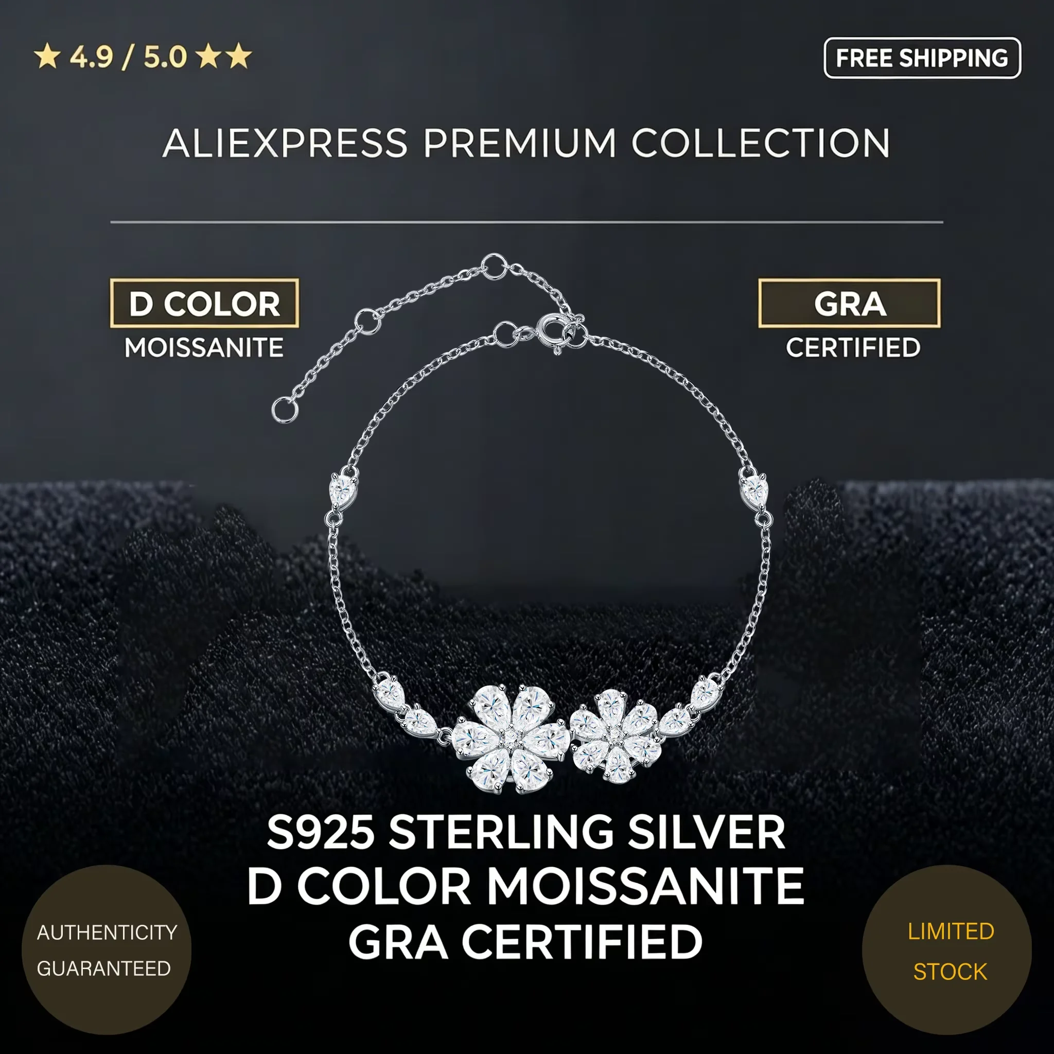 S925 Sterling Silver D‑Color Flower Moissanite Bracelet, Adjustable Fashion Wrist Jewelry for Women Party Daily Wear Gift