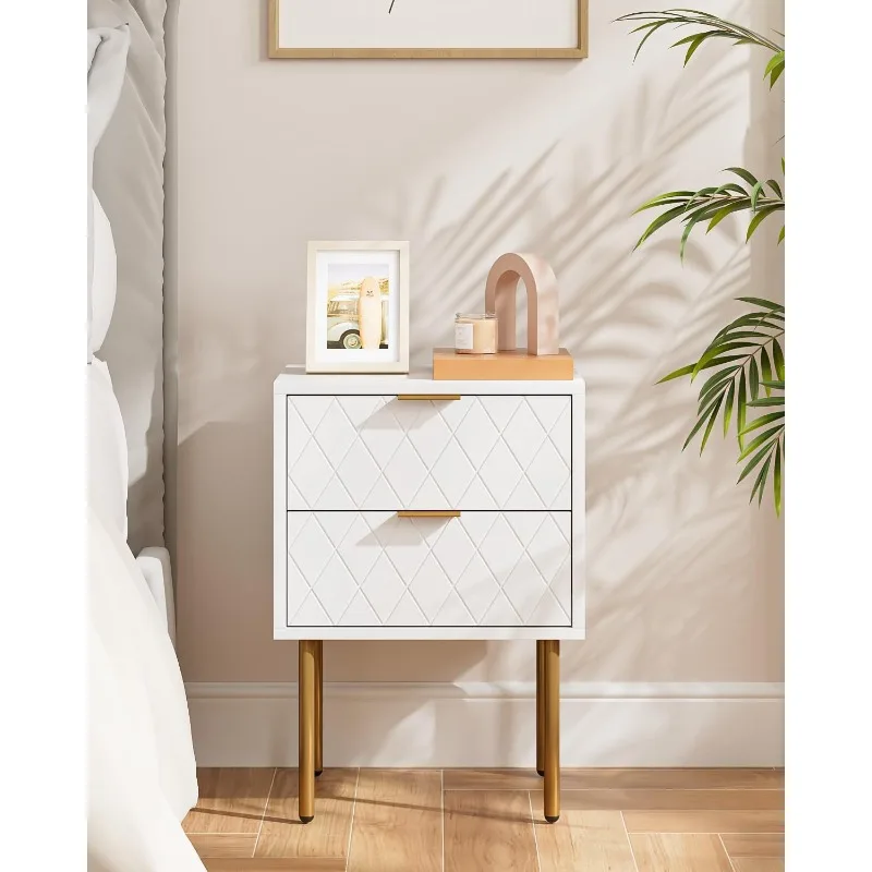 

Nightstand,Small Bedside Table with Two Drawers,White Night Stand,End Table with Gold Frame,Bedside Furniture,2 Drawer Dresser f