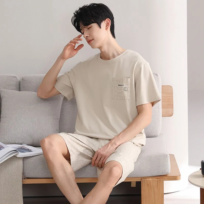 2026 Summer Short Sleeve 100% Cotton Pajama Sets for Men Korean Loose Sleepwear Pijama Hombre Pyjama Homewear Male Home Clothes