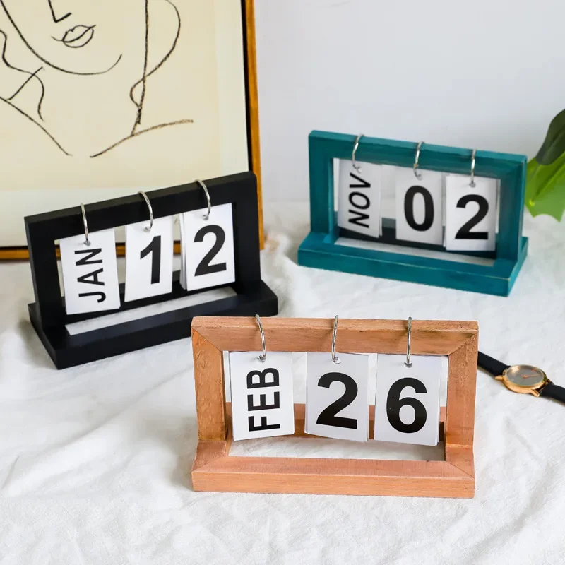 

Wooden Perpetual Desk Calendar Flip Month Date Display Desktop Schedule Daily Planner Office Home Decoration Photography Props