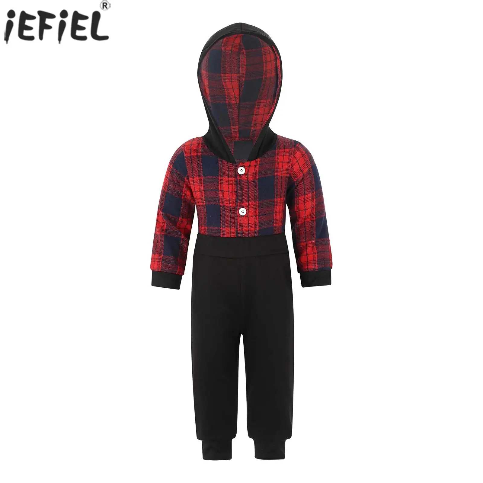 

Baby Boys Girls Soft Cotton Spring Fall Clothes Hooded Long Sleeve Buffalo Plaid Hoodie Romper Jumpsuit with Pants Outfits