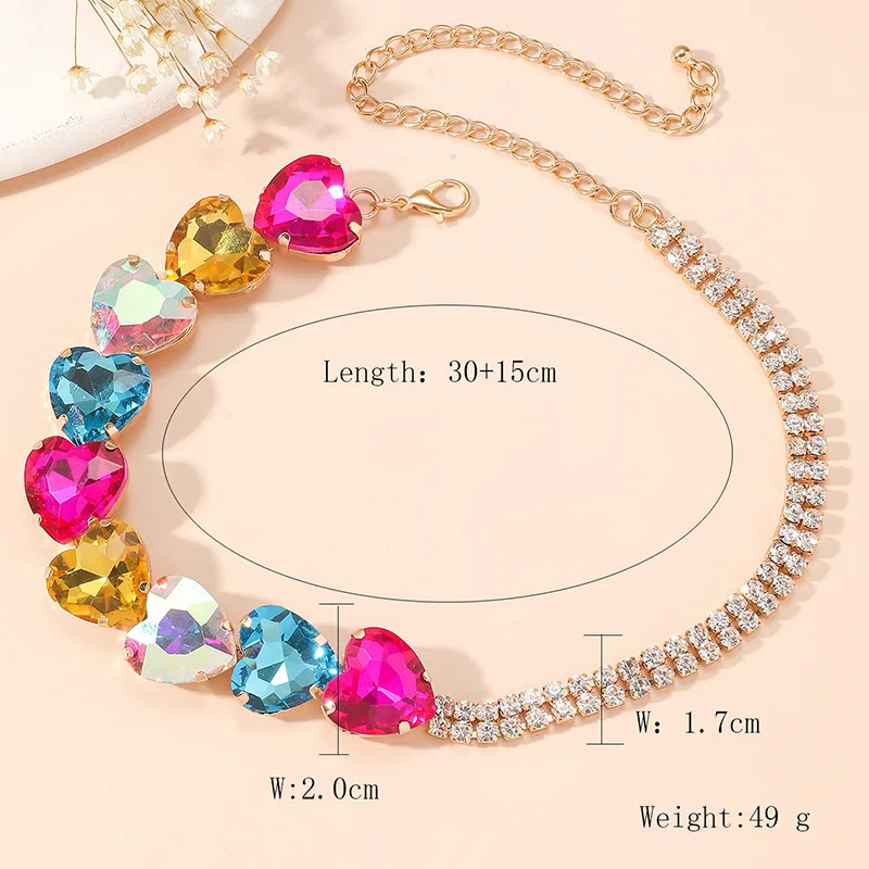 Colorful Gem Necklace With Heart For Women Crystal Stainless Steel Necklace Choker Wedding Party Rinestone On The Neck Jewelry