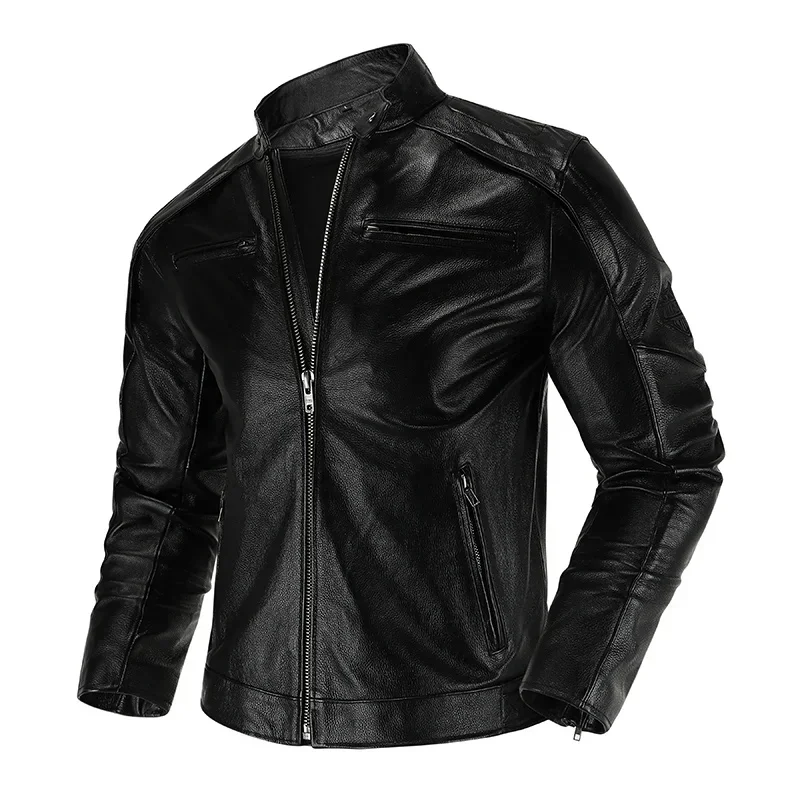 Natural Top Layer Cowhide Leather Jacket Men's Motorcycle Suit Slim-Fit Short Section Skull Stand-Up Collar