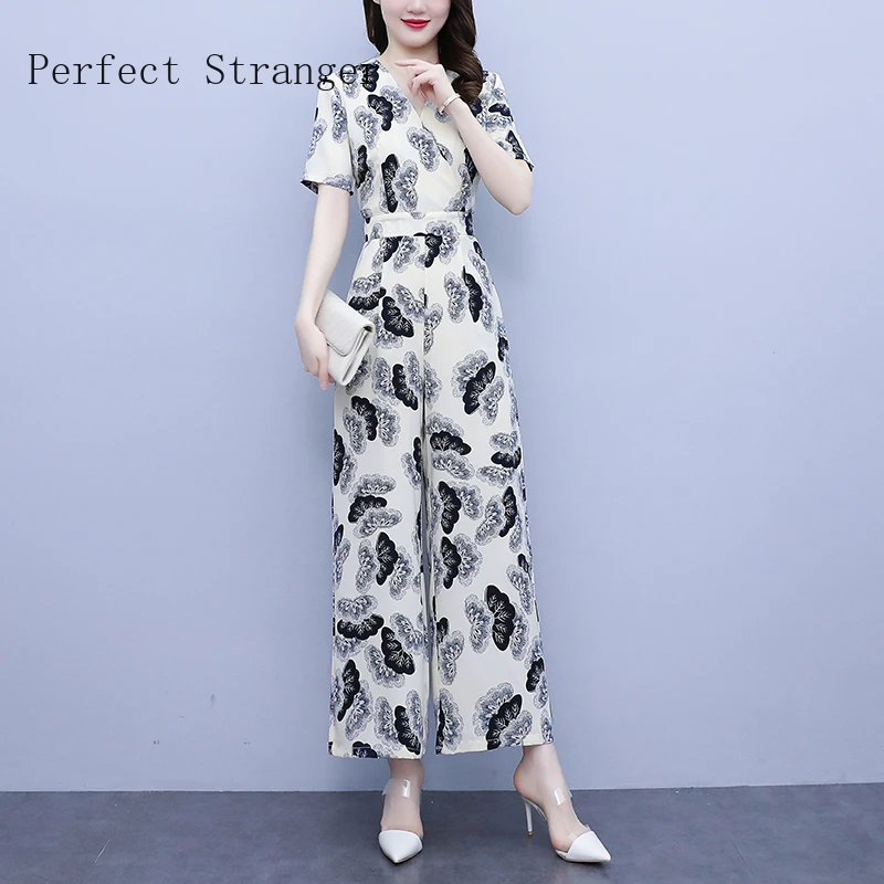 Hot Sale Women Elegant for Party 2022  Jumpsuit Short Sleeve High Waisted  Printed V Neck Long Rompers Office Overalls