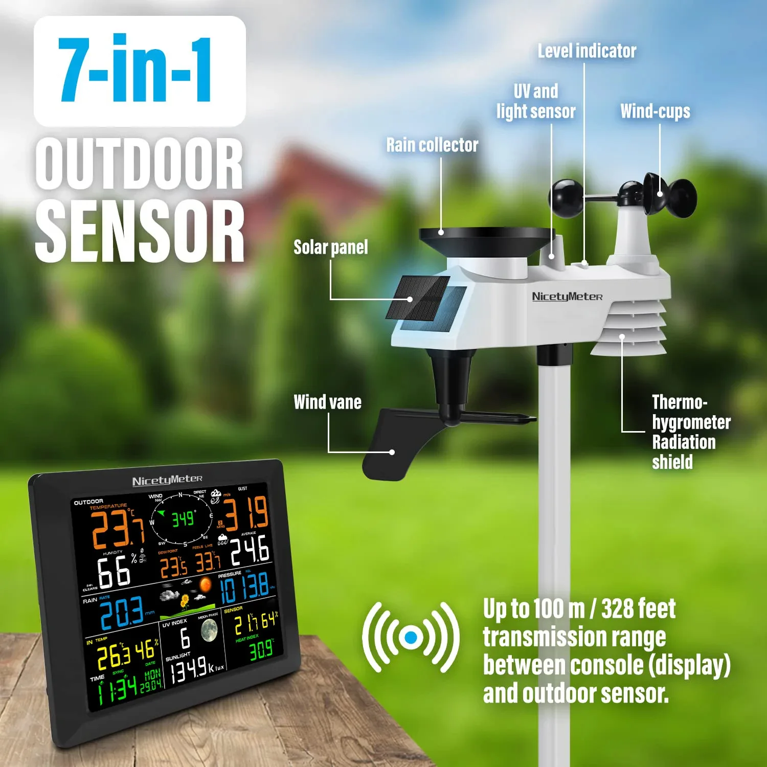 Ultra-clear Large-screen WiFi Weather Station | 7-in-1 Outdoor Sensing, Wind And Rain/UV Real-time Monitoring + Danger Alarm