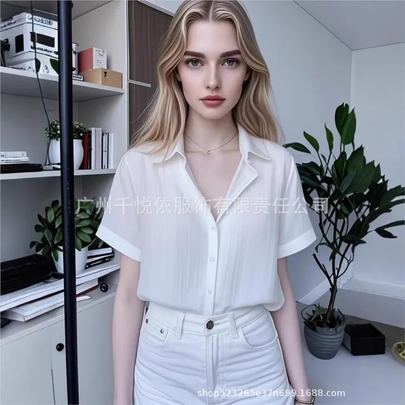 New Korean Fashion Cardigan Top Female Summer Loose Thin Trend Slim Versatile Short Sleeve Lapel Neck Solid Color Women's Shirt