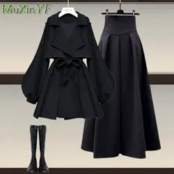 Ensemble assressentideux pièces pour femme, veste à la taille, jupe midi, manteau adt élégant, mode coréenne trempée, automne, hiver, nouveau, 2023