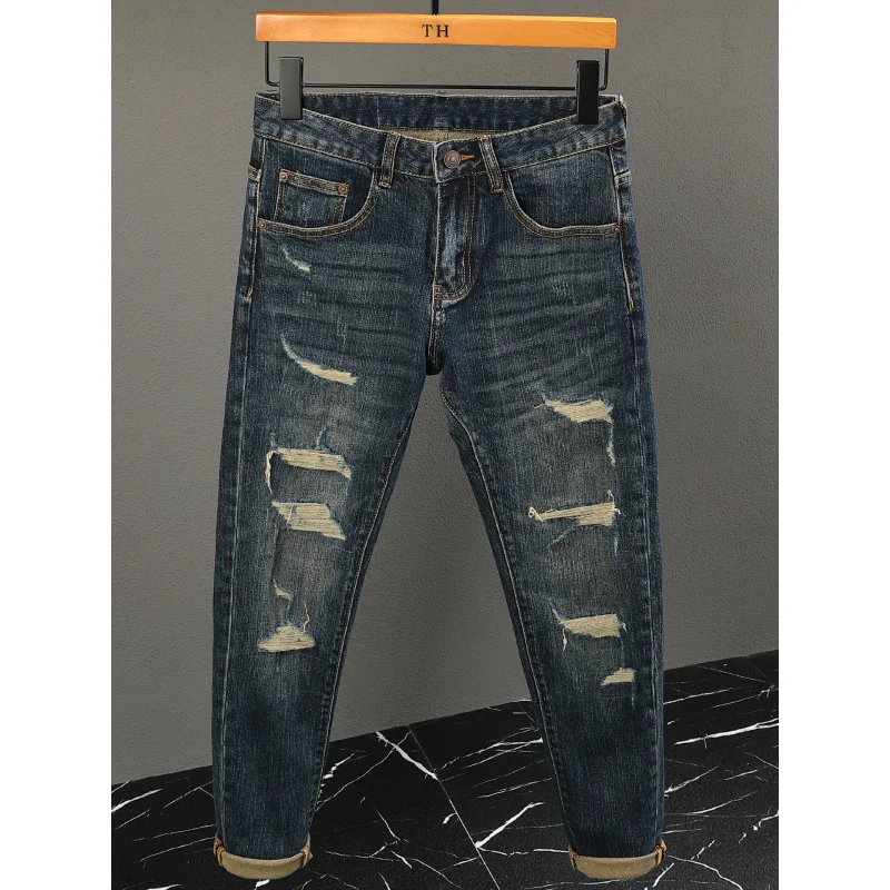 

2025 Spring and Autumn Split Patch Jeans Men's Street Fashion Nostalgic Elastic Slimming Small Foot Long Pants