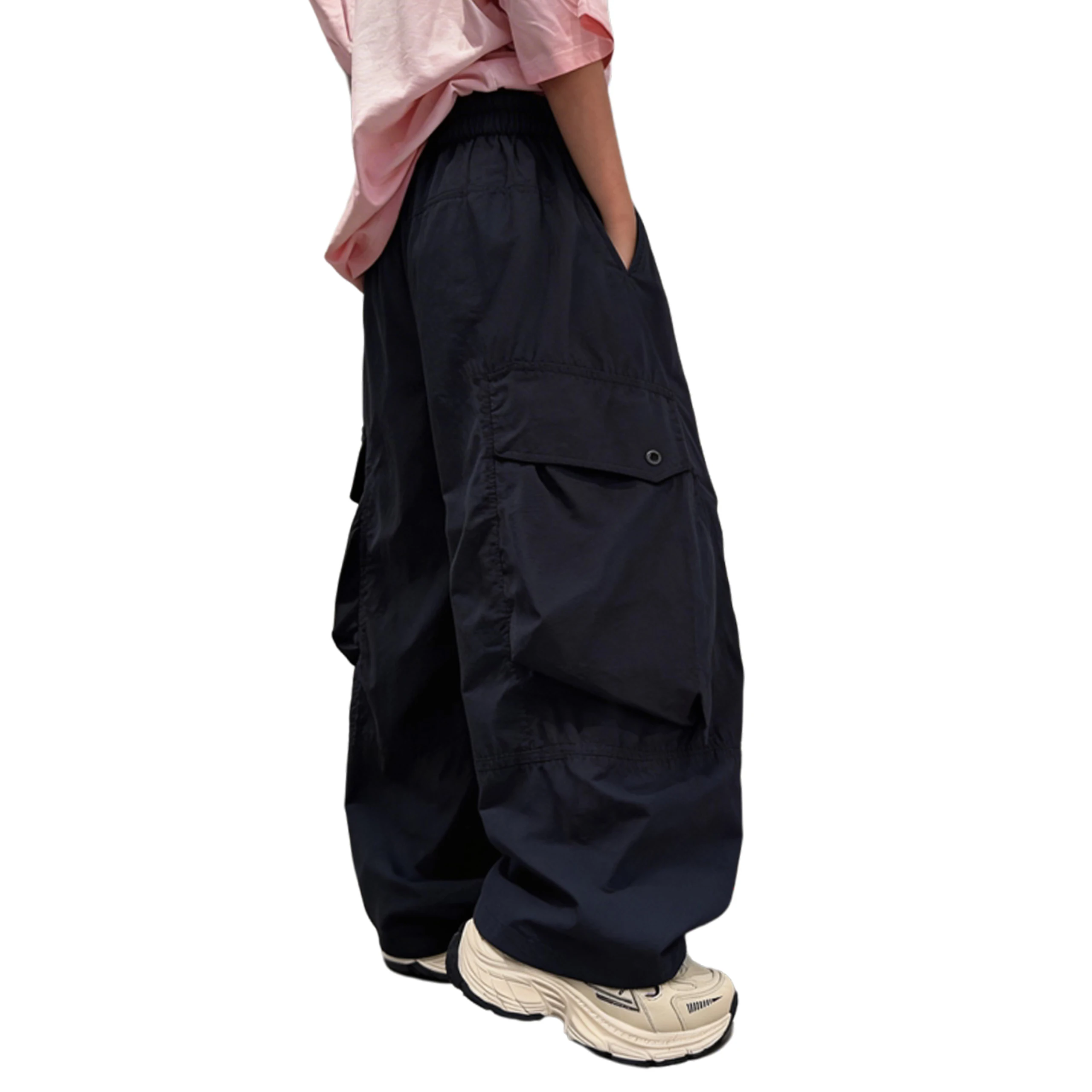 Boys' summer workwear style multi-pocket wide-leg pants, medium and large children's loose drawstring straight trousers, slim an