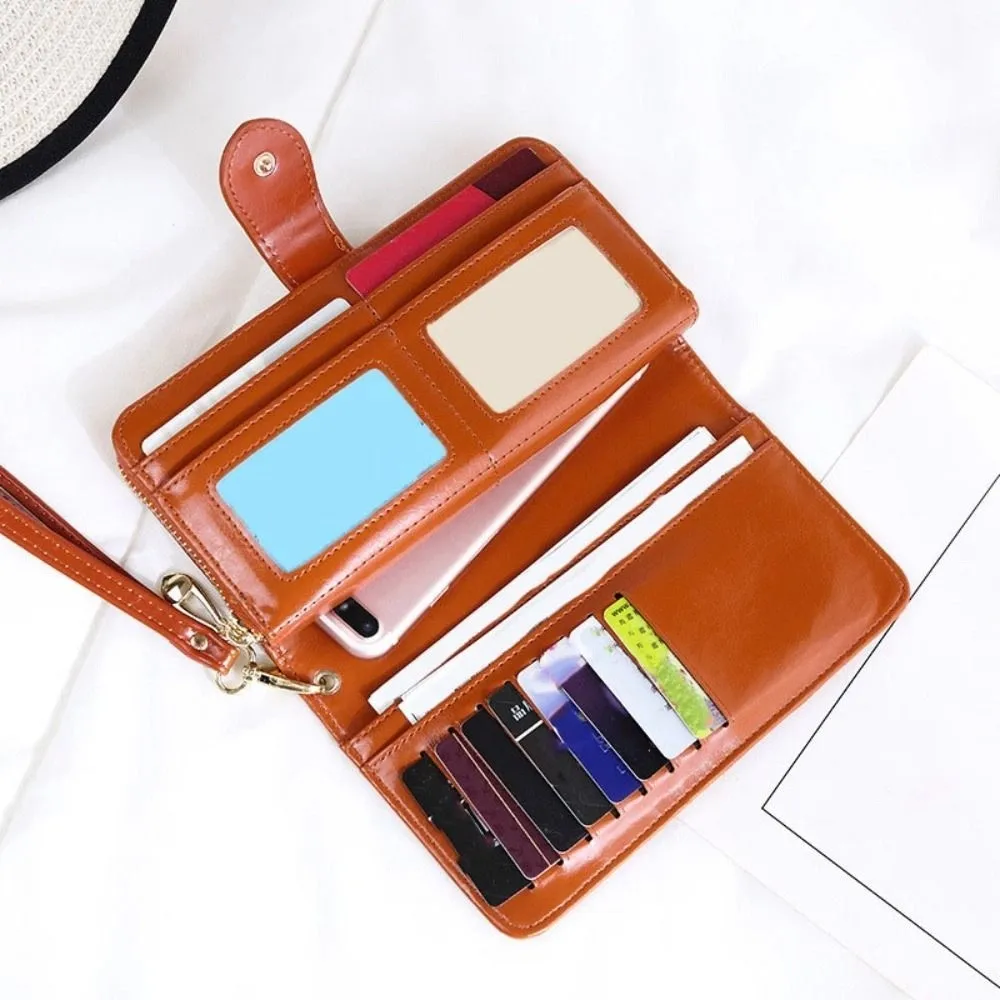 Borsa retrò Portafoglio lungo in pelle PU con cerniera Portafoglio multifunzionale a due pieghe Porta carte da donna pieghevole di grande capacità