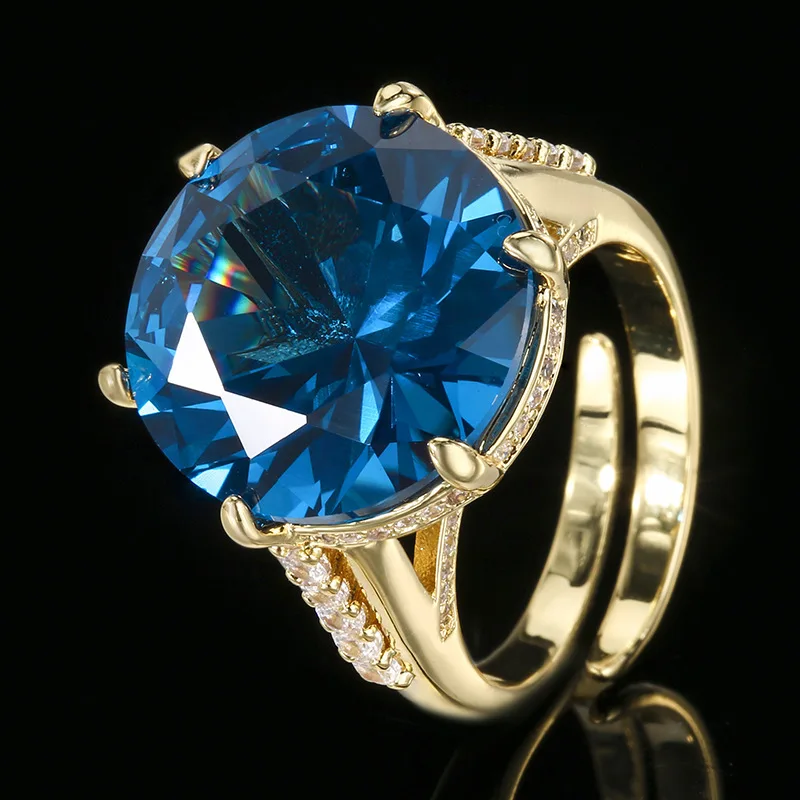 

New jewelry with copper base, gold-plated, blue spinel, round vintage gold ring for women, 16mm
