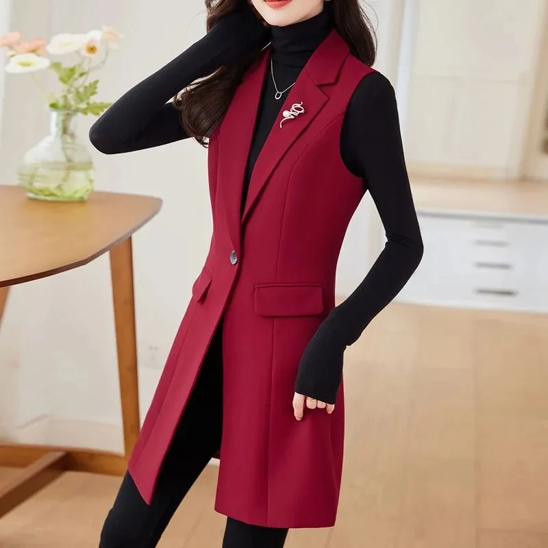 Women\'s Lapel Collar Vest Coat All-Matched Single Breasted Sleeveless Classic Solid Color Chic Vintage Office Lady Jacket