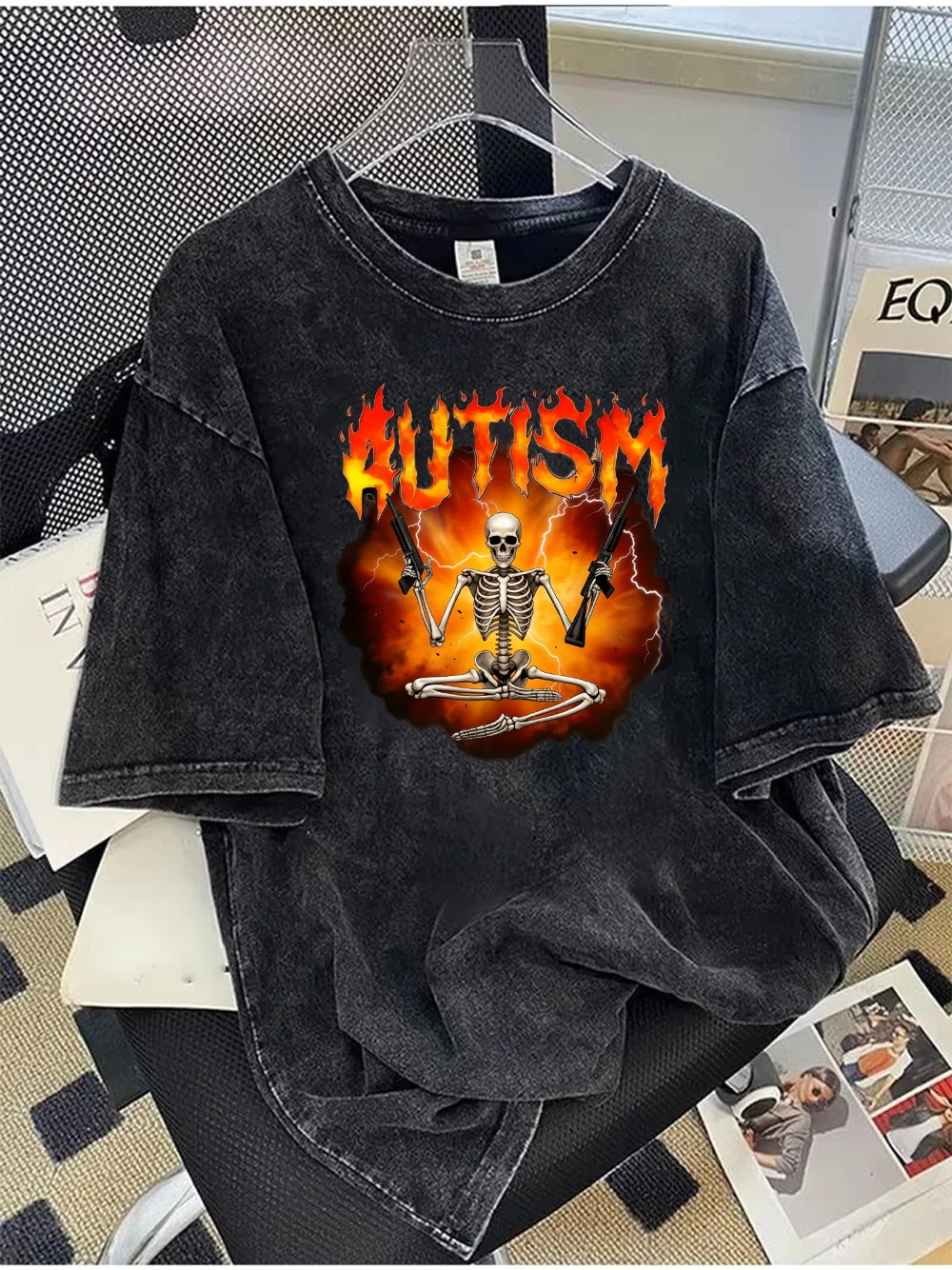 Hardcore Autism Skeleton T-Shirt Washed Cotton Flame Skull Graphic Tee Retro Acid Wash Short Sleeve Harajuku Style Streetwear